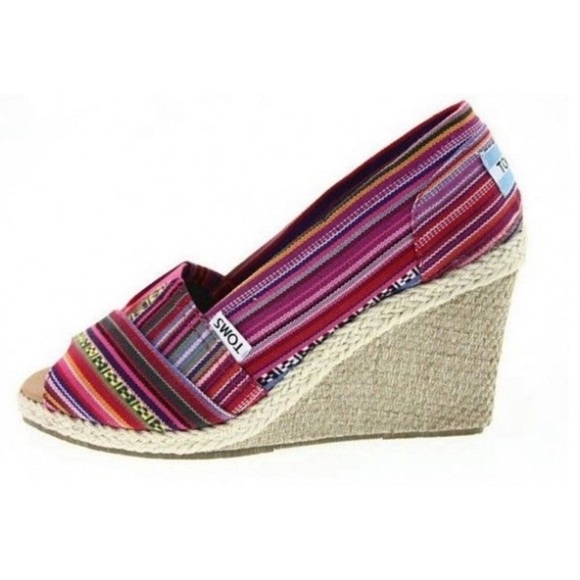 Toms Shoes - Toms Canvas Peep Toe Espadrille Wedge Pink Stripe